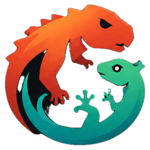 Dino Lizard Games logo: an orange dinosaur and a teal gecko curled into a circle